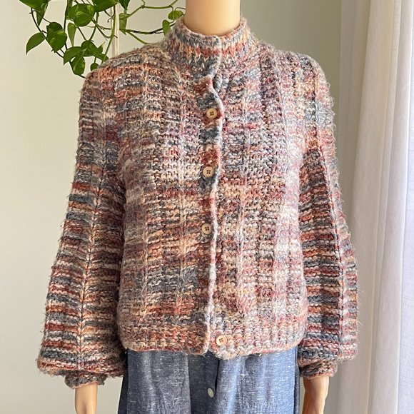 Vintage Women's Boho Space Dye Balloon-Sleeve  Chunky Cardigan Sweater Medium - Picture 2 of 9